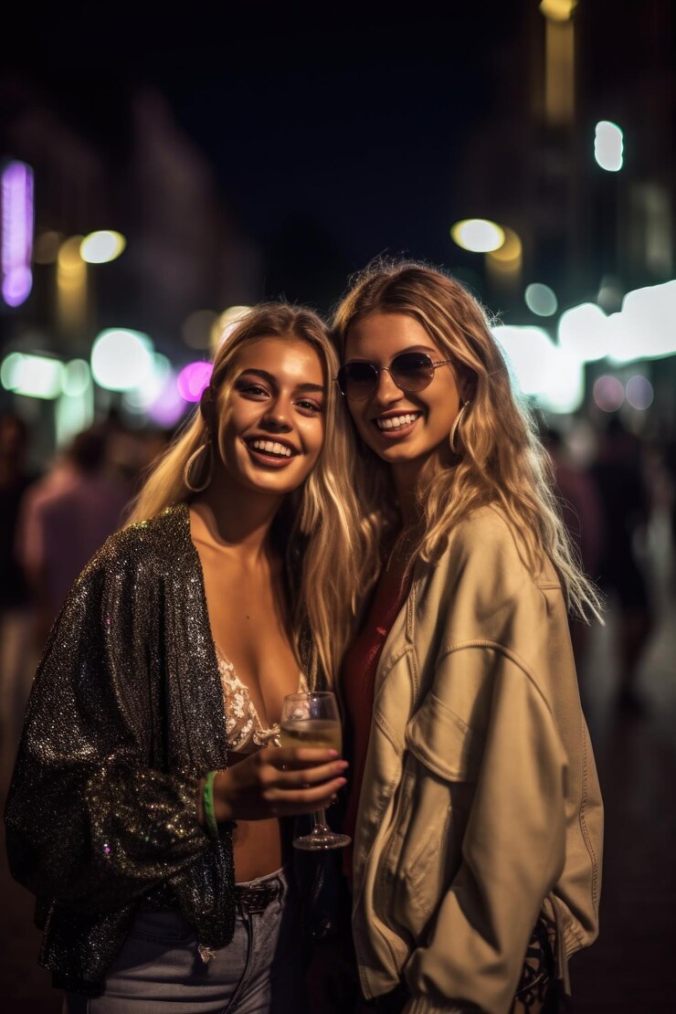 Foto de dos amigos disfrutando de una noche de fiesta en la ciudad.