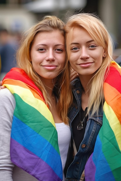 Foto de dos amigos mostrando su apoyo a un desfile del orgullo gay creado con IA generativa