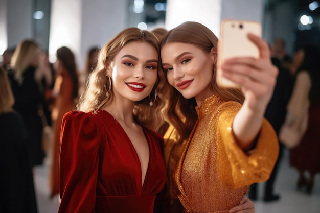 Foto de dos amigos tomándose selfies en un evento de moda creado con inteligencia artificial generativa