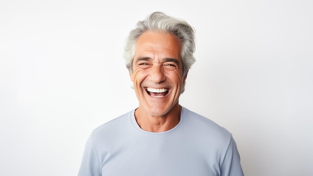 Foto dos anos 50, idoso de meia idade, modelo sênior, homem com cabelos grisalhos, sorrindo, fundo branco, gerado por IA