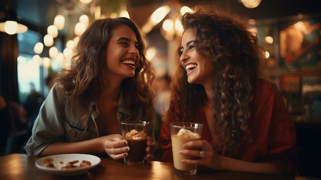foto de dos chicas jóvenes y hermosas chismoseando en la terraza con una taza de café generada por AI