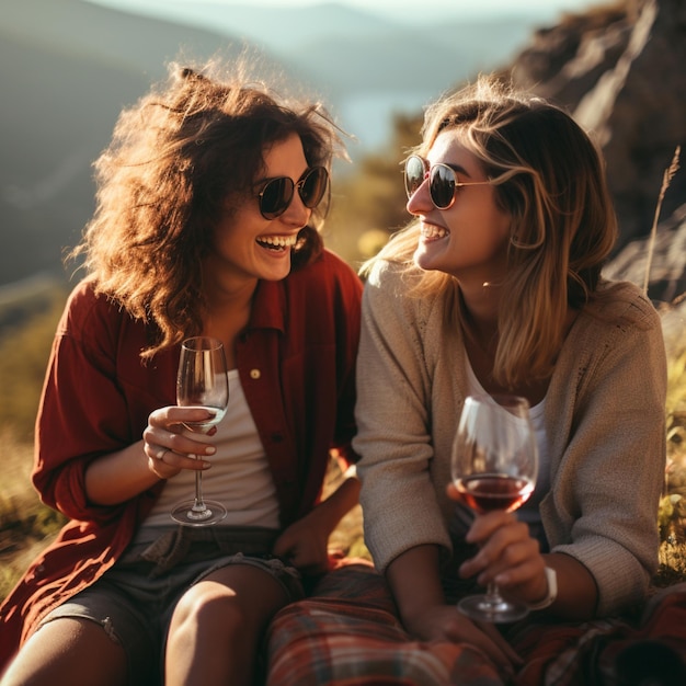 foto de dos chicas sonrientes en la naturaleza con copas de vino