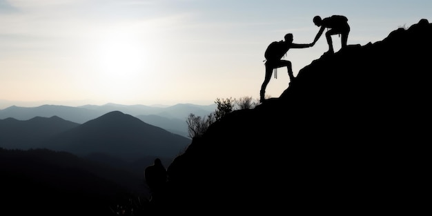 Foto de dos escaladores subiendo una empinada ladera de montaña con la esperanza de superar el trabajo.