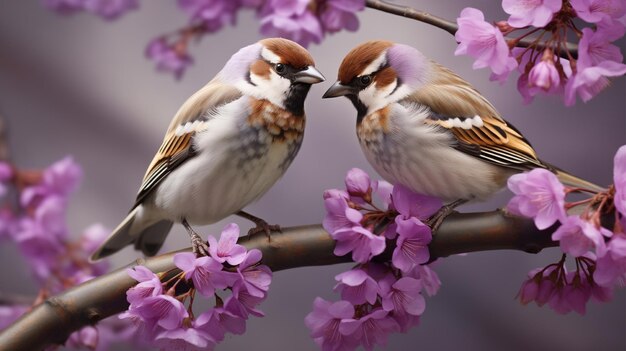 foto de dos gorriones realistas en primavera en una rama de un árbol