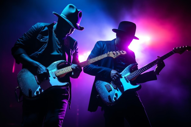 Foto de dos guitarristas en el escenario.