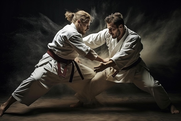 Foto la foto de los dos luchadores de judoka luchando hombres