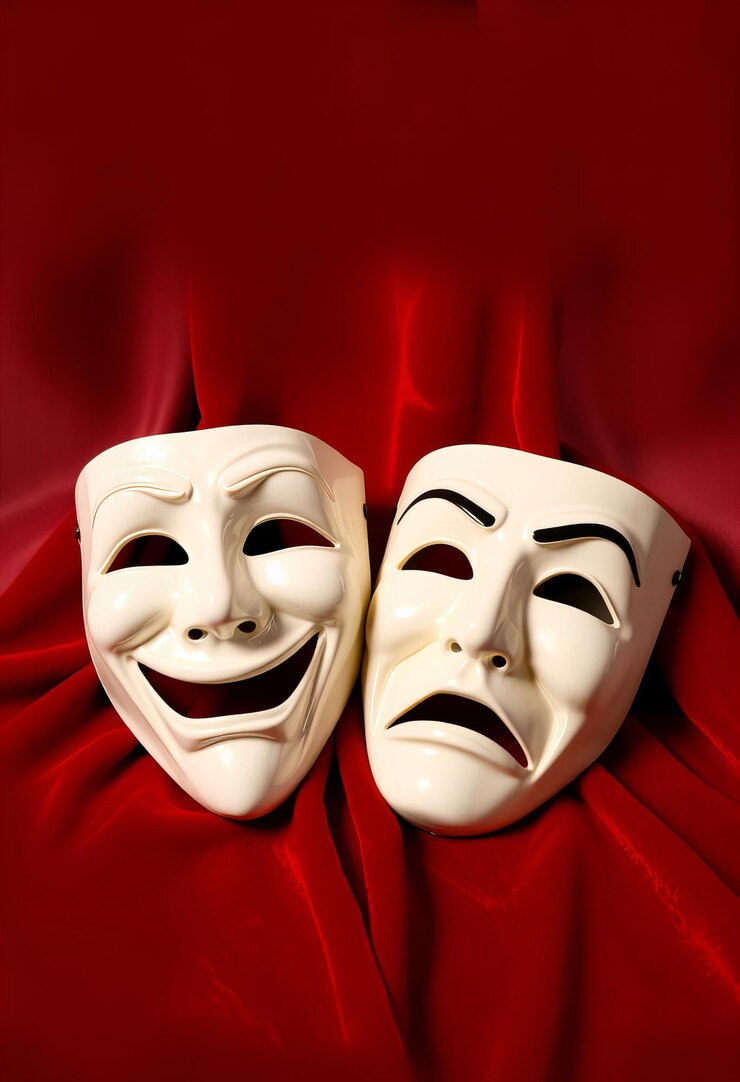 Una foto de dos máscaras blancas de comedia y drama sobre un fondo de terciopelo rojo que simboliza el arte forma una