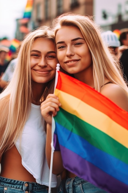Foto de dos mujeres jóvenes sosteniendo una bandera del orgullo durante un desfile creado con IA generativa