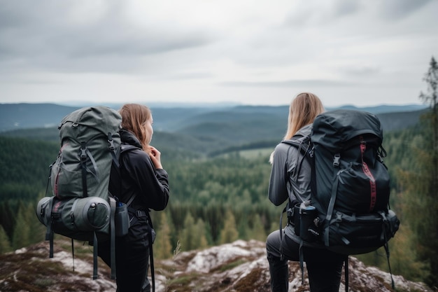 Foto de dos niñas con mochilas preparándose para una caminata por las montañas creadas con ai generativo