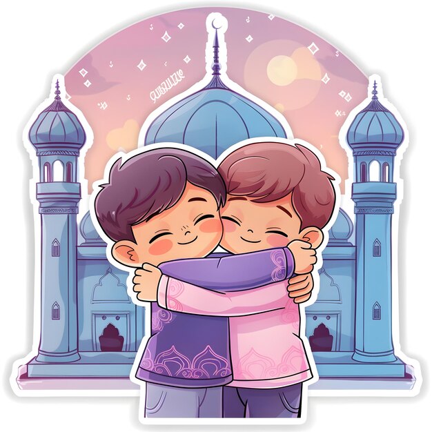una foto de dos niños abrazándose después de las oraciones de Eid