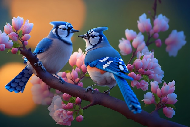 Una foto de dos pájaros en una rama con flores rosas.