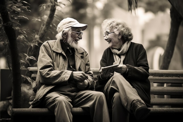 Foto de dos personas de edad avanzada en un banco participando en una cálida conversación en un jardín botánico