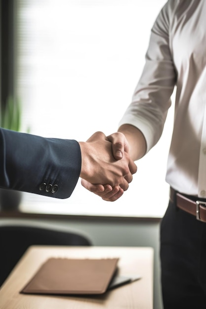 Foto foto de dos personas irreconocibles dándose la mano en el trabajo