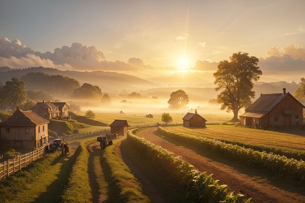 Foto dos primeiros raios do sol nascente em campos verdes, agricultores trabalhando em uma vila enevoada