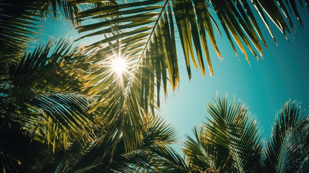 Foto dos raios solares que passam pela exuberante palmeira verde deixa o fundo do conceito de verão na praia