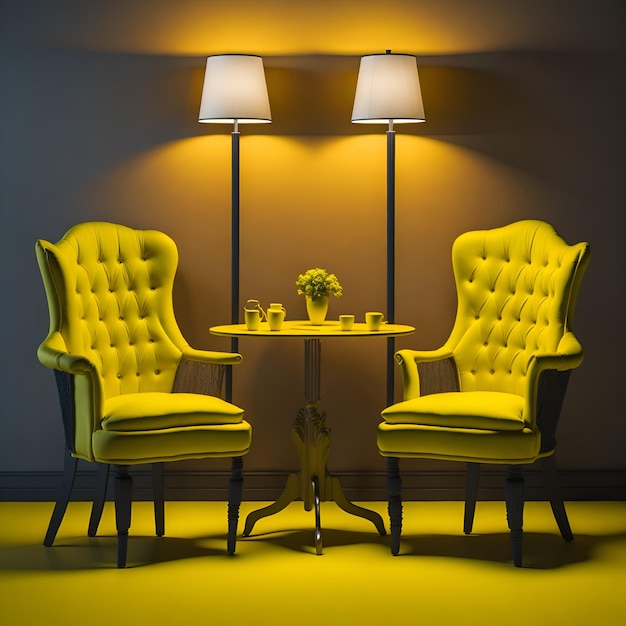 Foto de dos sillas amarillas brillantes junto a una mesa moderna en un interior elegante