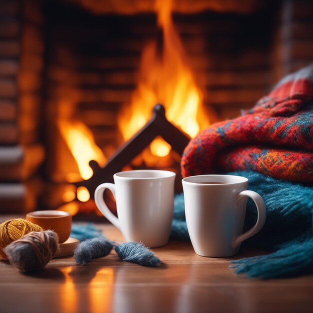 Foto dos tazas para té o café cosas de lana cerca de una acogedora chimenea en una casa de campo vacaciones de invierno