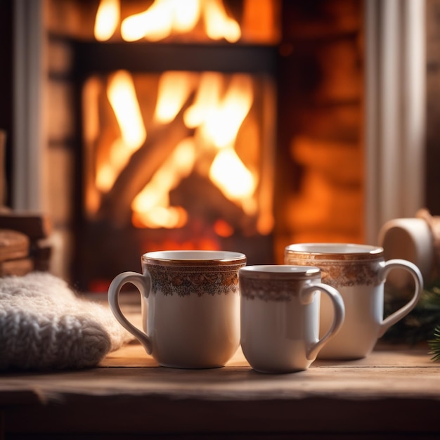 Foto dos tazas para té o café cosas de lana cerca de una acogedora chimenea en una casa de campo vacaciones de invierno