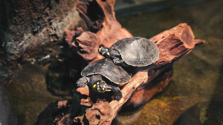 Foto foto de dos tortugas amarillas del río amazonas en un gran tronco