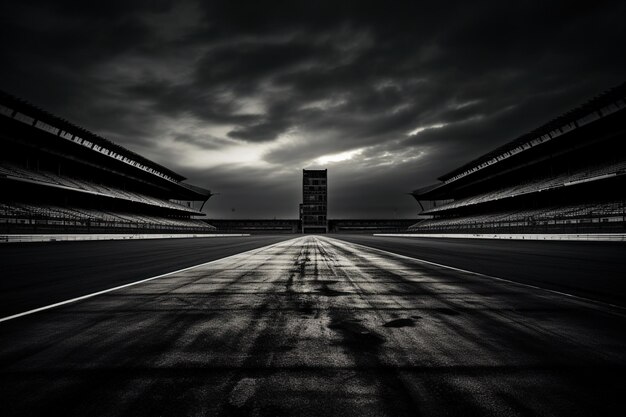 Foto dramática en blanco y negro de una pista de carreras vacía que enfatiza el contraste y las texturas