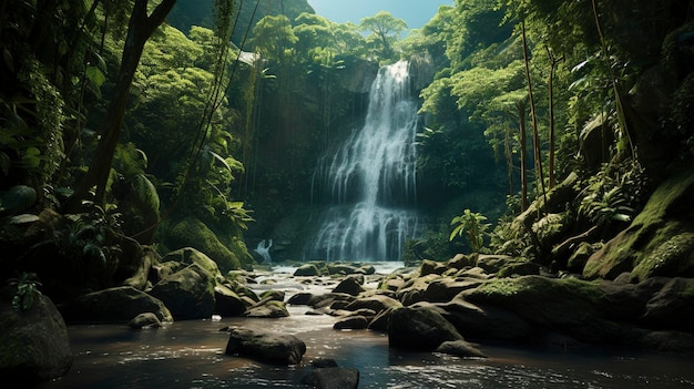 Una foto de una dramática cascada de cascada en un exuberante