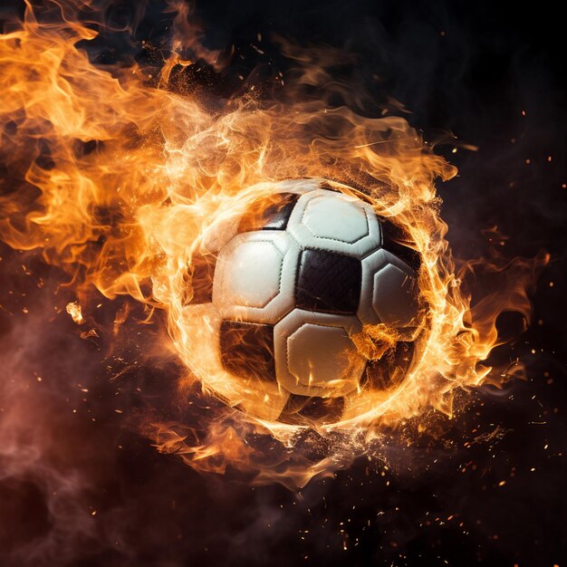 Foto dramática de una pelota de fútbol que golpea la red para un gol en el fuego