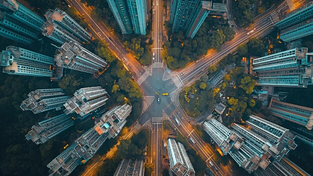 Foto de un dron por encima del hombro de una ciudad global con estructuras de desarrollo