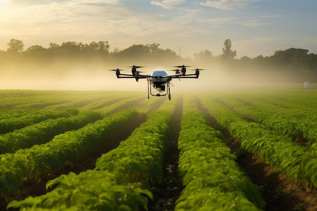 Foto drone rociando fertilizante en plantas verdes vegetales tecnología agrícola automatización de granjas
