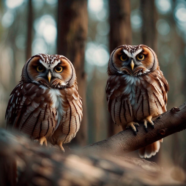 Foto duas corujas castanhas com expressões de raiva descansam em um grande galho na floresta