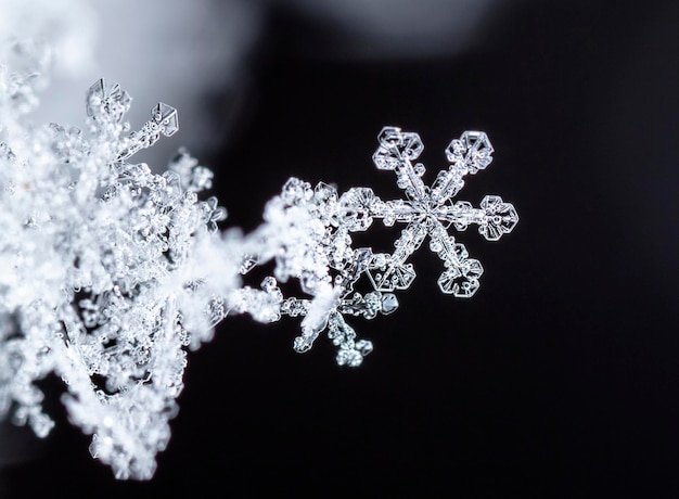 Foto echte Schneeflocken während eines Schneefalls, unter natürlichen Bedingungen bei niedriger Temperatur