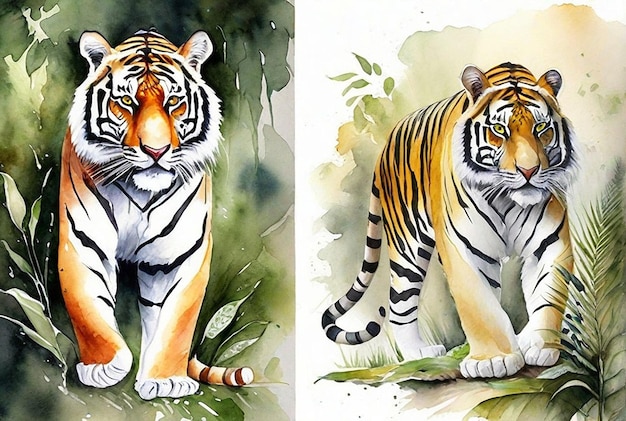 Foto Echtes Aquarell Tiger mit Wald Hintergrund