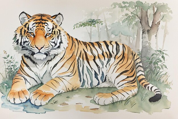 Foto Echtes Aquarell Tiger mit Wald Hintergrund