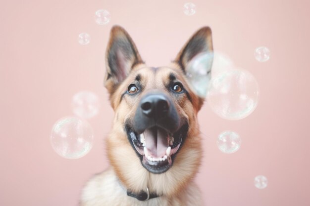 Foto foto editorial de un perro lindo feliz con una gran burbuja escena de color pastel claro muy pálido