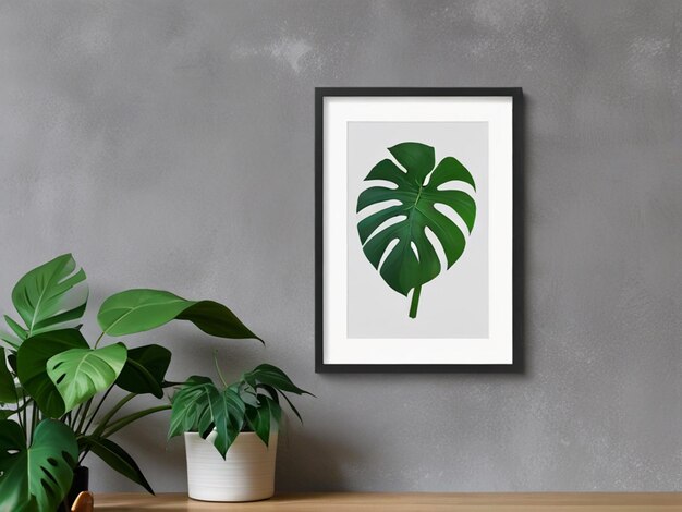 Foto ein eingerahmtes Bild einer Monstera-Pflanze an einer grauen Wand