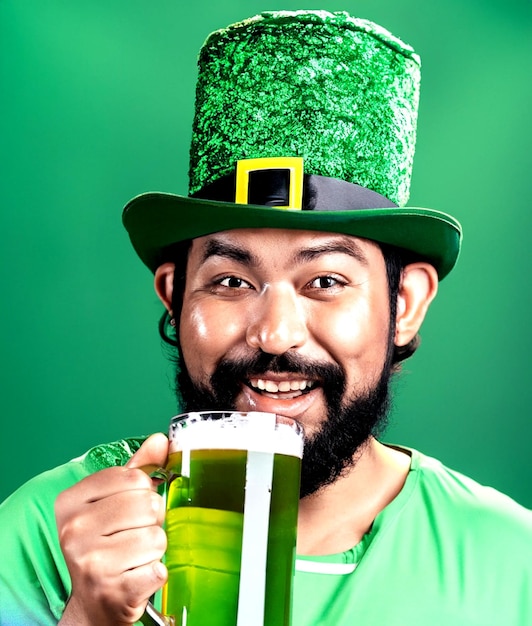 Foto: Ein glücklicher bärtiger Mann hält ein biergrünes Kostüm in der Hand, um den St. Patrick's Day zu feiern