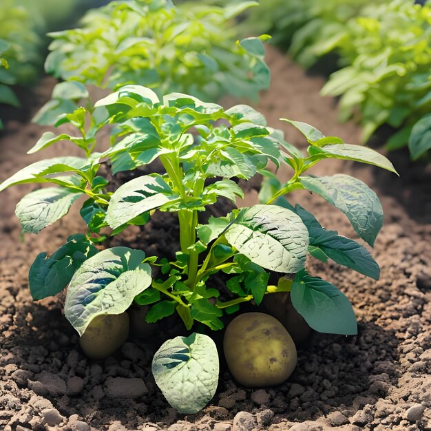 Foto Ein junger Kartoffelstrauch in einem Gartenbeet-Kartoffelfeld 2