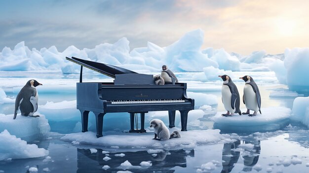 Foto ein Klavier und Pinguine auf Eis mit einem Klavier auf der Unterseite