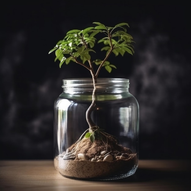 FOTO Ein kleiner Baum steht in einem Glas mit Sand darauf