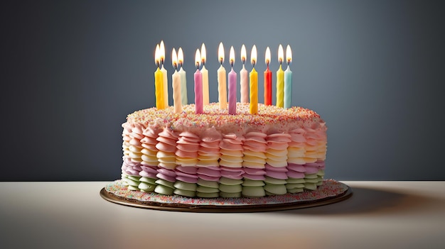 Foto ein realistischer mehrfarbiger Kuchen mit Kerzen auf einem weißen Tisch Generative KI