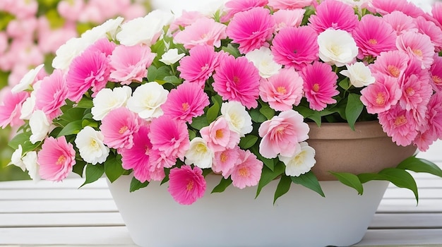 Foto ein rosa Blumentopf voller rosa und weißer künstlicher Blumen