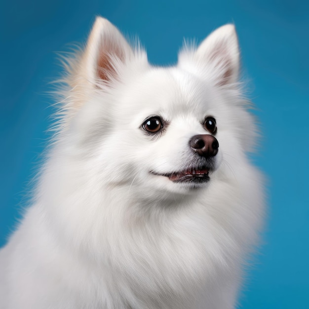 FOTO Ein weißer Hund mit schwarzen Augen und blauem Hintergrund