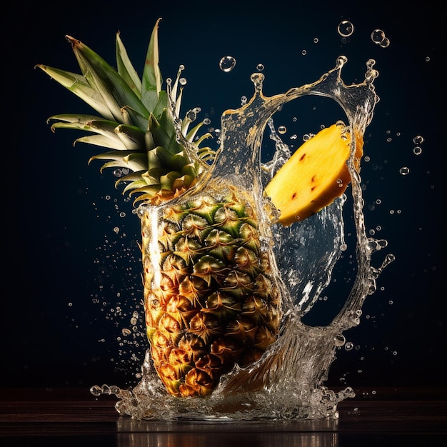 Foto: Eine Ananas wird in ein Glas gegossen, wobei in der Luft ein Spritzer Flüssigkeit erzeugt wird