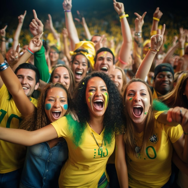 Foto: Eine Gruppe glücklicher brasilianischer Fans jubelt über den Sieg ihrer Mannschaft