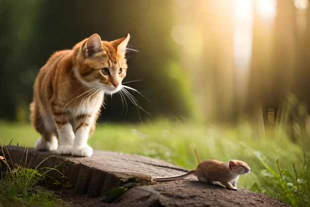 Foto: Eine Katze und eine Ratte schauen sich an