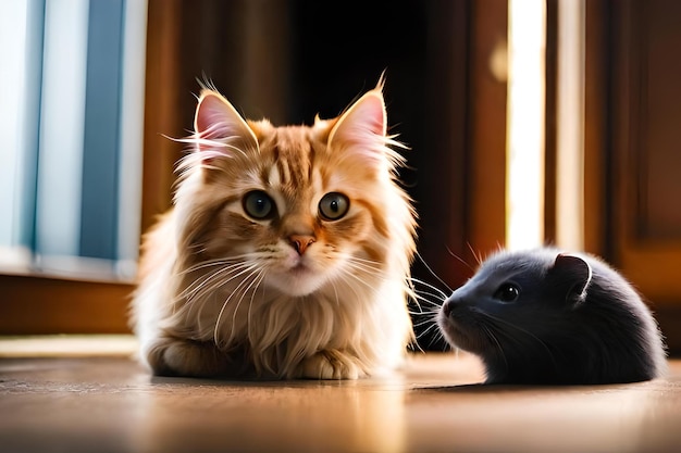Foto: eine Katze und eine Ratte schauen sich gegenseitig an