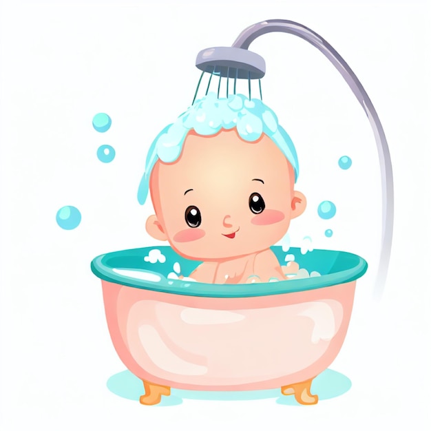 Foto einer 2D-Illustration eines Babys, das in der Wanne badet