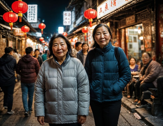 Foto einer älteren alten Frau mit Freunden in China lokaler Straßenmarkt in der Nacht generative KI