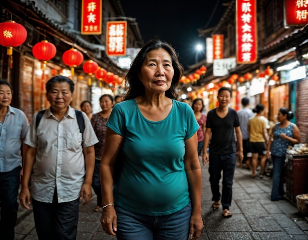 Foto einer älteren alten Frau mit Freunden in China lokaler Straßenmarkt in der Nacht generative KI
