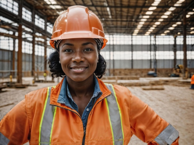 Foto einer afrikanischen schwarzen Frau als Bauarbeiterin mit Helm-Generative-AI