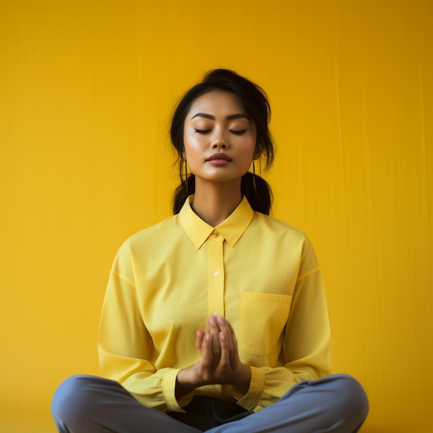 Foto einer asiatischen Frau, die vor einer gelben Wand Yoga und Meditation macht